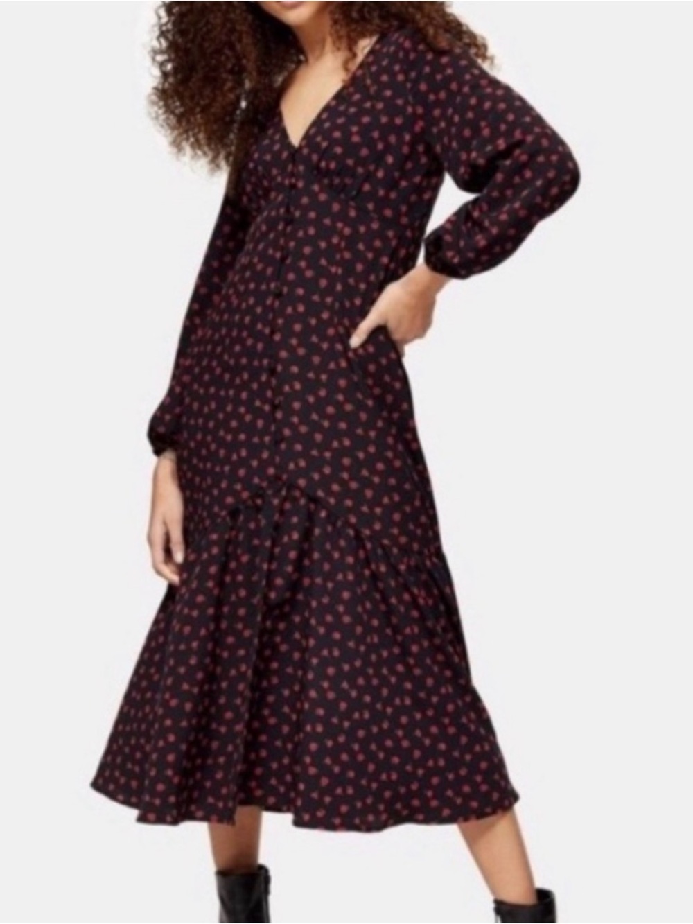 Topshop Black Midi Dress with Red Rose Print in US size 2